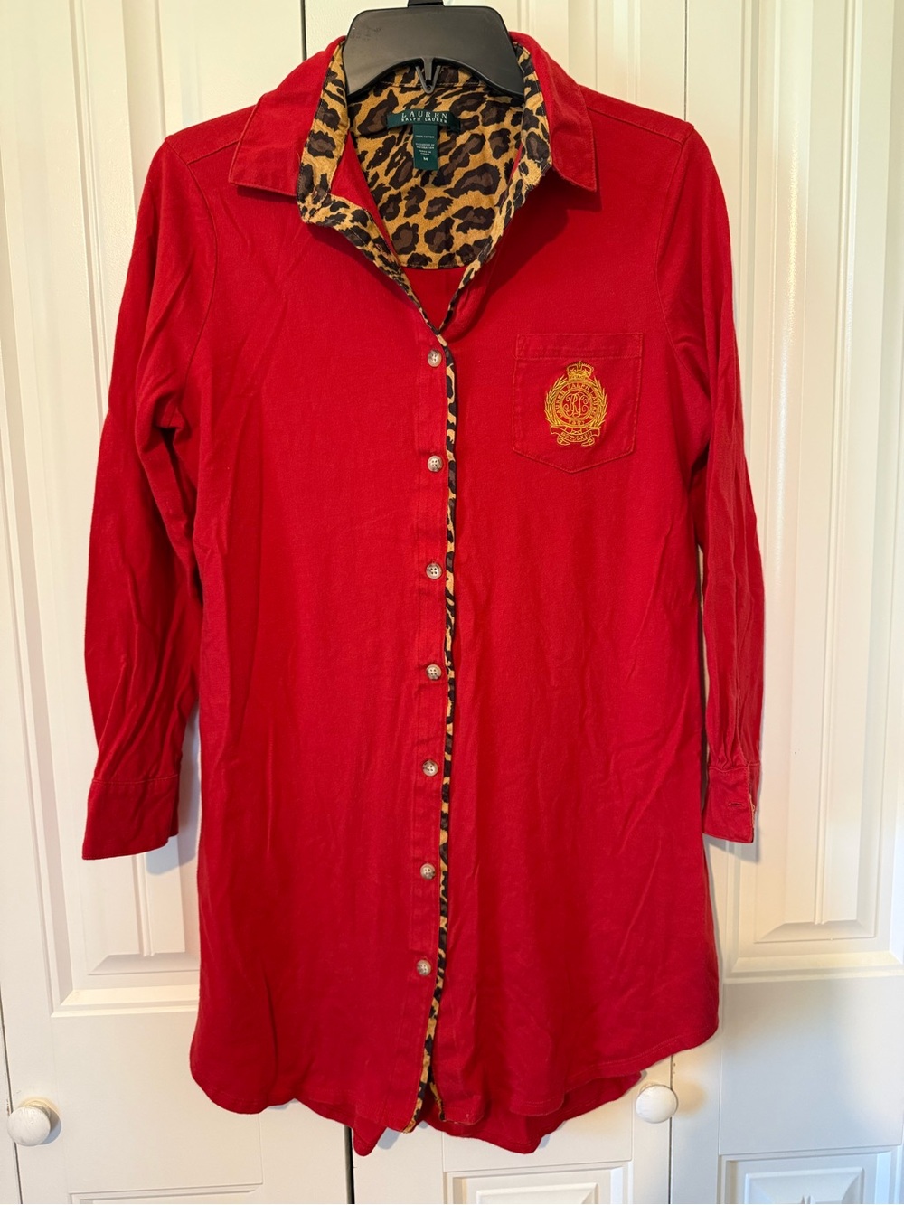Lauren Ralph Lauren Red Button-Front Long Sleeve Sleep Shirt with Leopard Trim